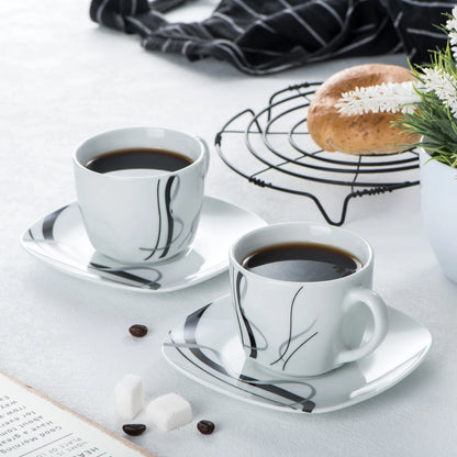 VEWEET FIONA Porcelain Tableware Set – 30/60-Piece Black Line Dinner, Soup & Dessert Plates with Cups & Saucers