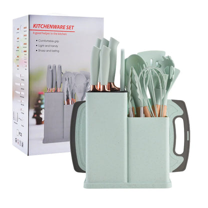 Food Grade 19 Pcs Silicone Kitchen Utensil Set With Wooden Handle Cooking Tools Cuttings Board Storage Bucket Kitchen Gadget Set