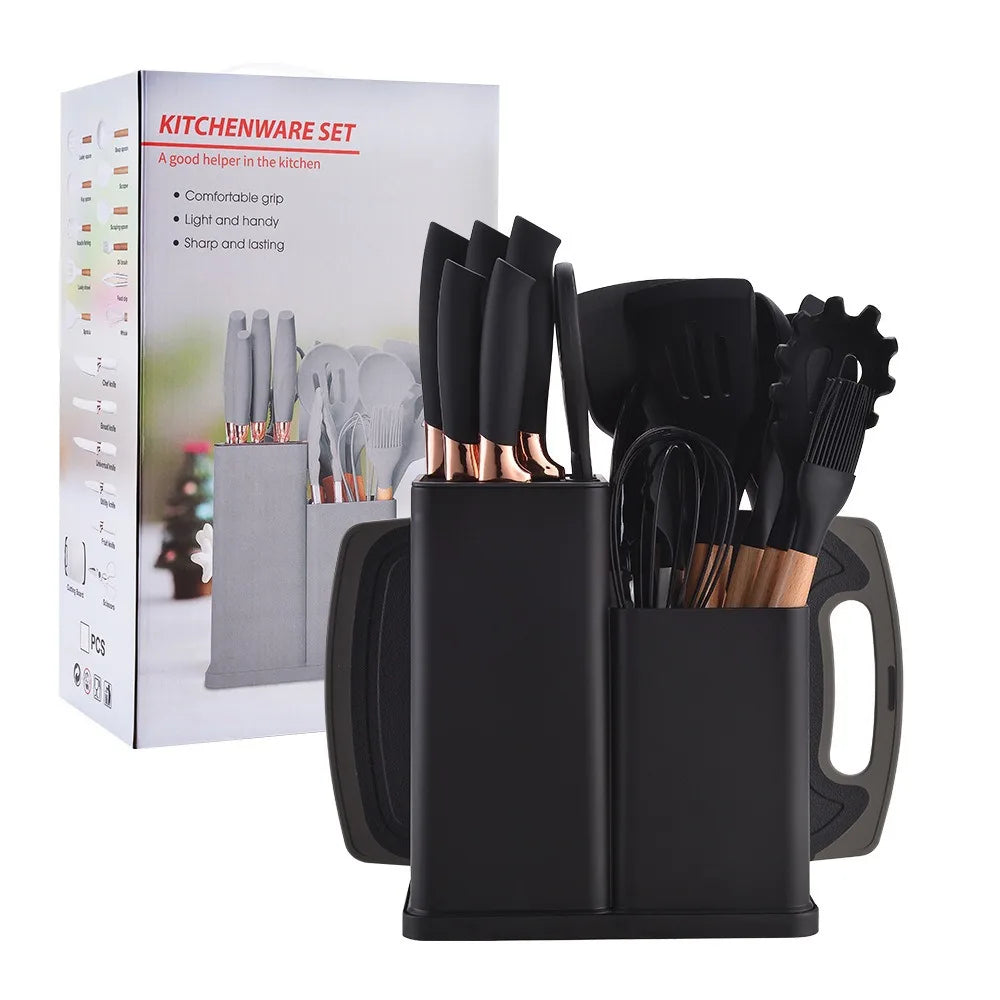 Food Grade 19 Pcs Silicone Kitchen Utensil Set With Wooden Handle Cooking Tools Cuttings Board Storage Bucket Kitchen Gadget Set