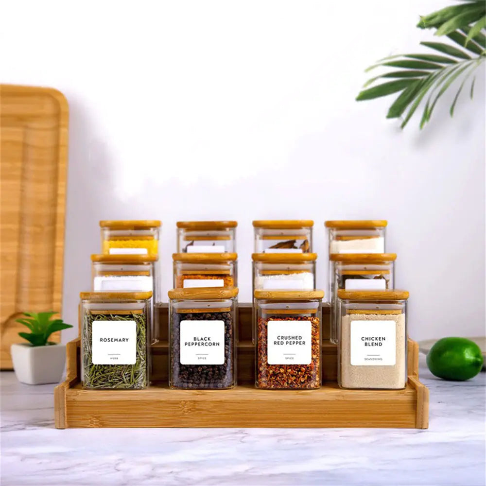 Square Bamboo Lid Glass Spice Jar Set