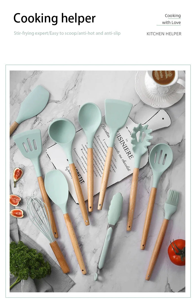 12pcs Silicone Cooking Utensil Set – Multi-Color, Heat-Resistant Kitchenware with Wooden Handles, Non-Stick Spatulas & Spoons