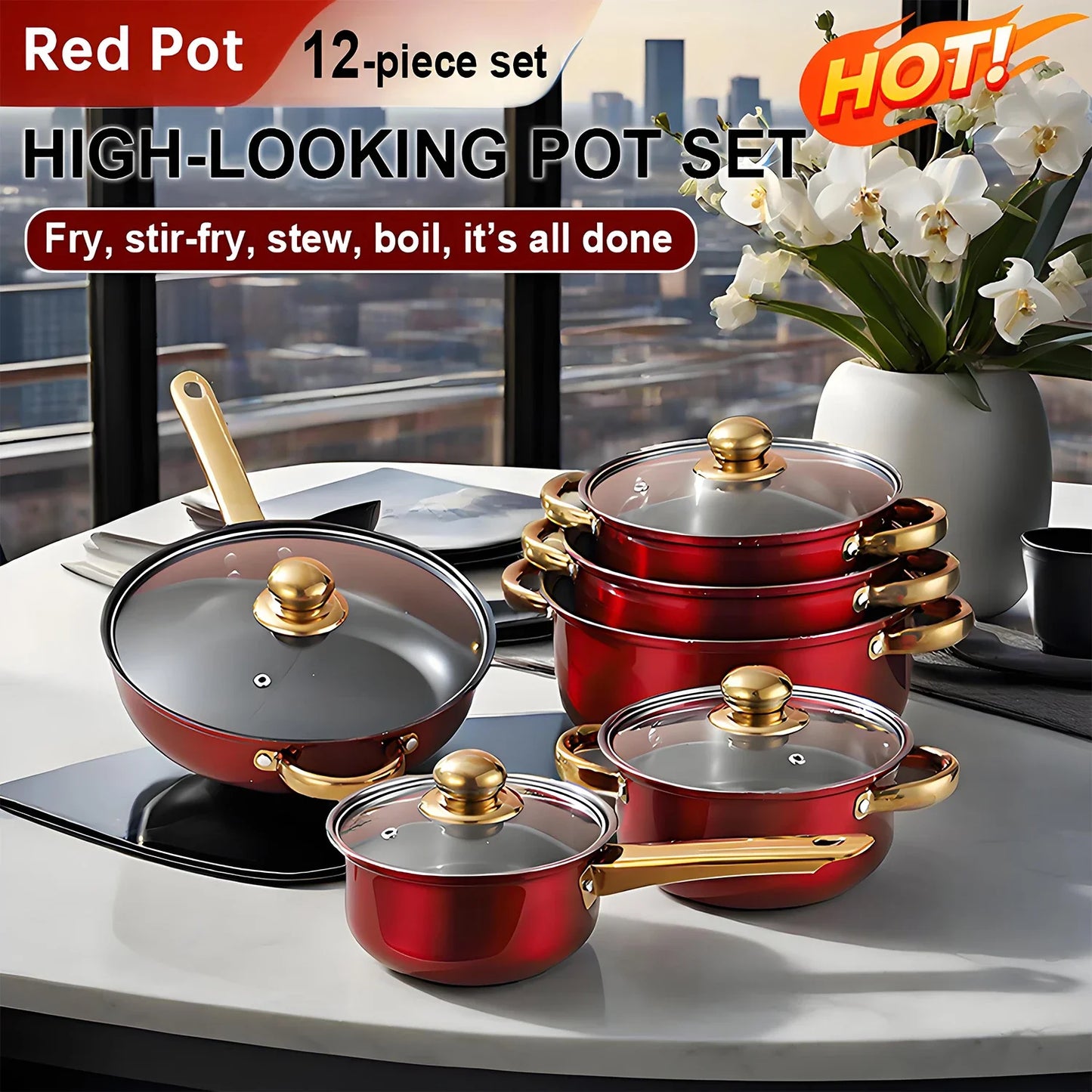 12-Piece Red Stainless Steel Cookware Set – Non-Stick Pots & Pans, Stylish Kitchen Cookware Collection for a Complete Cooking Solution