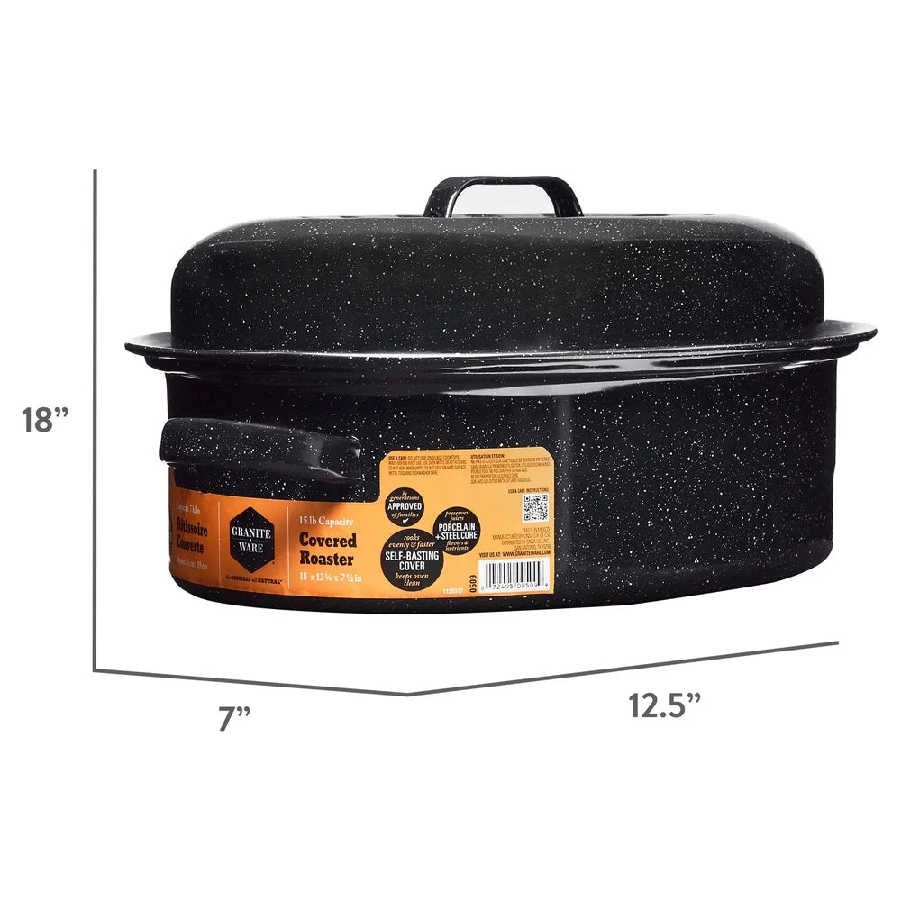 Nonstick Covered Oval Roaster 18 inch Smooth Porcelain Steel Roasting Pan Even Cooking Dishwasher Safe Turkey Pan 15lb Capacity