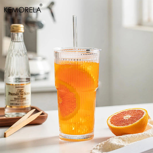 20oz Ribbed Glass Tumblers with Lids & Straws – 2/4-Piece Iced Coffee Glass Set