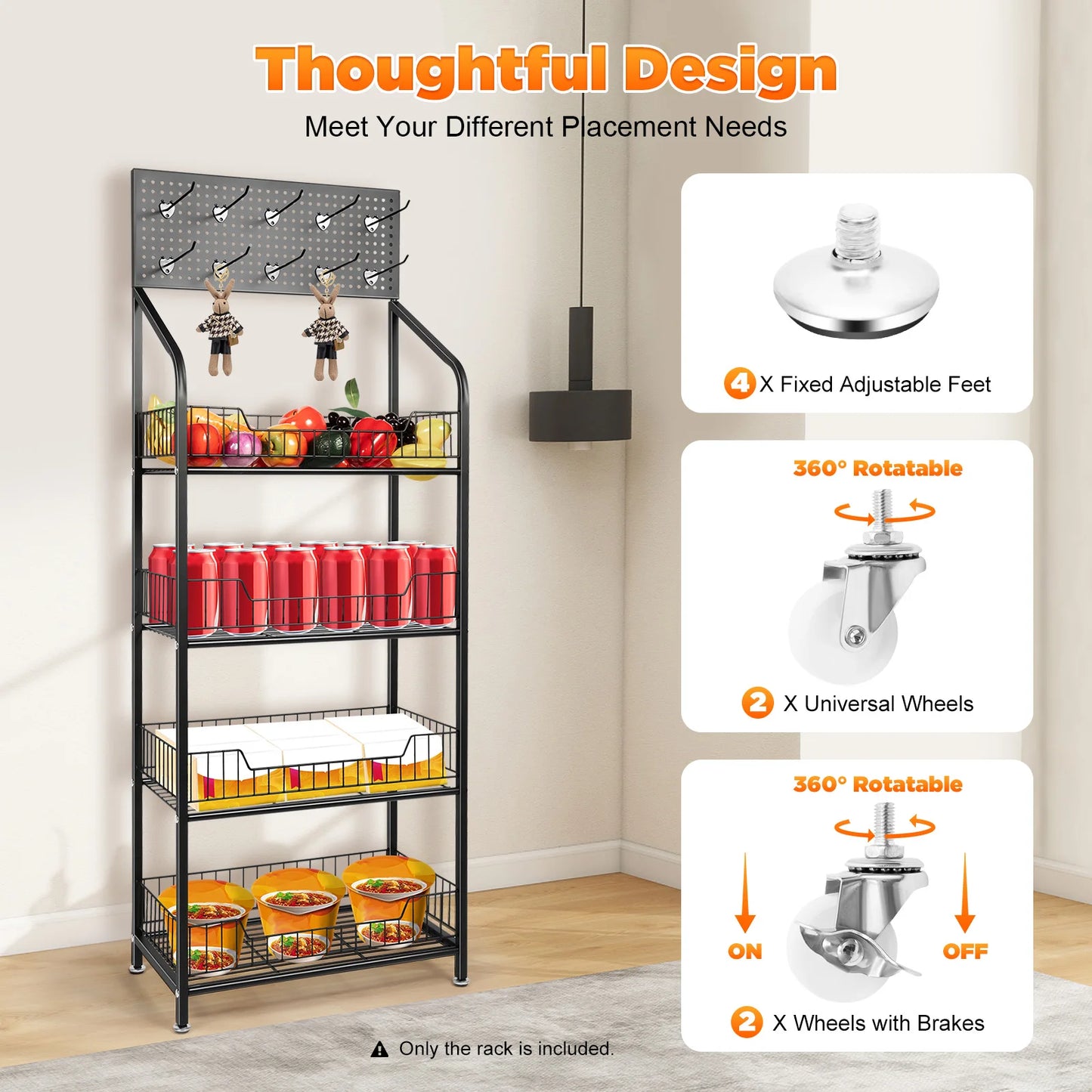 4 Tier Display Snack Rack with Universal Wheels Fruit Vegetable Towel Basket Stand Cart Metal Display Stand
