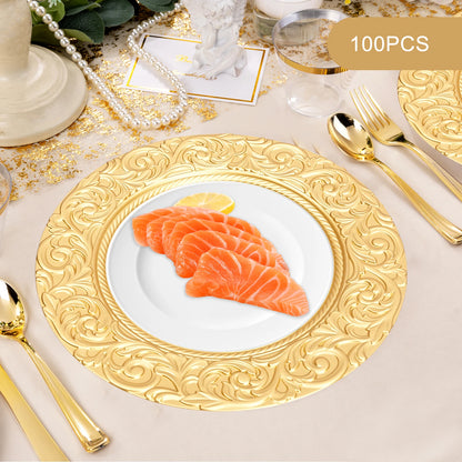 Charger Plates 100-Piece Set Round Reusable Serving Plates Gold Black Silver Green for Wedding Banquet Party Decor