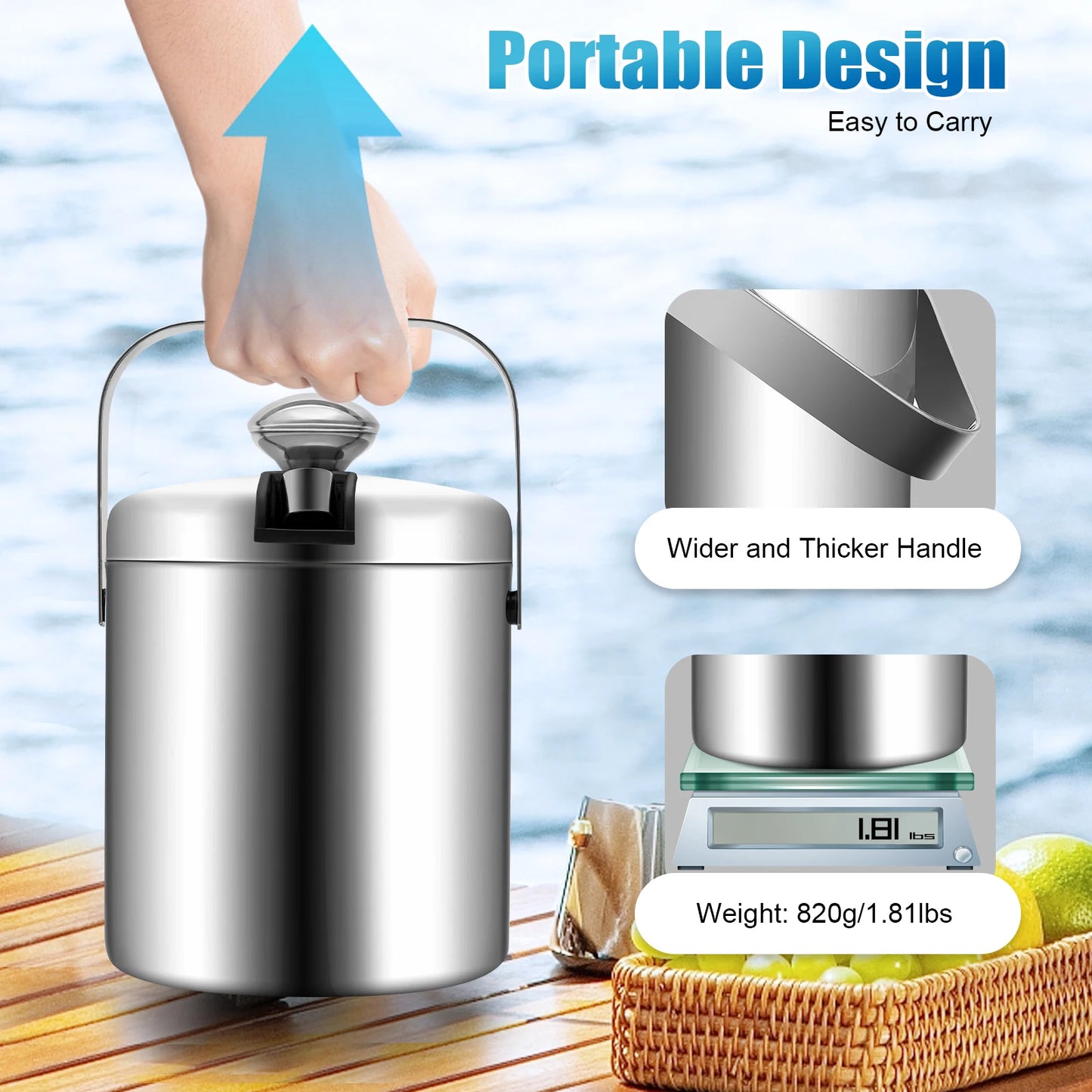1.3L Stainless Steel Double-Walled Ice Bucket with Lid & Tongs – Portable Ice Cube Container for Wine, Beer & Drink Cooling