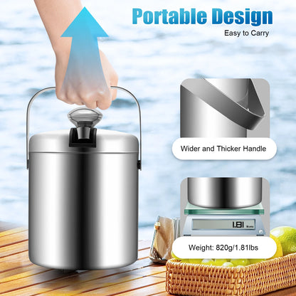 1.3L Stainless Steel Double-Walled Ice Bucket with Lid & Tongs – Portable Ice Cube Container for Wine, Beer & Drink Cooling