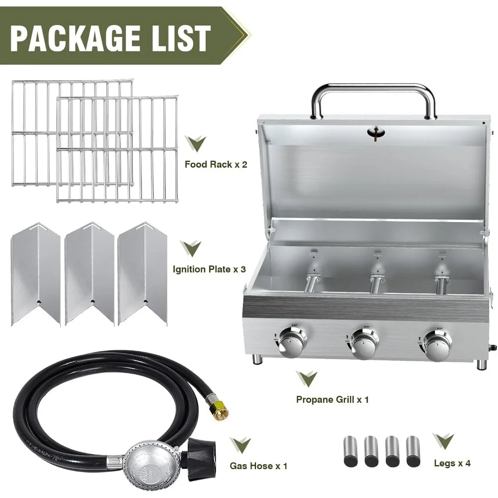 Portable 3-Burner Propane Gas Grill – 30,000 BTU with Durable Grates & Steel Controls