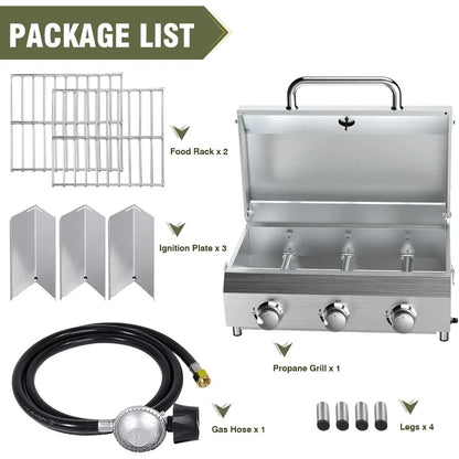 Portable 3-Burner Propane Gas Grill – 30,000 BTU with Durable Grates & Steel Controls