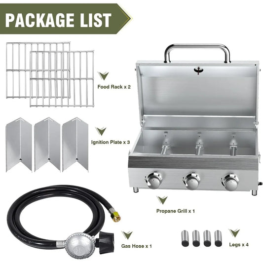 Portable 3-Burner Propane Gas Grill – 30,000 BTU with Durable Grates & Steel Controls