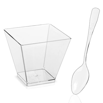 60ml Dessert Bowl with Spoon Set Square Mini Dessert Cups Disposable Supplies Reusable Accessories for Tasting Pudding Yogurt