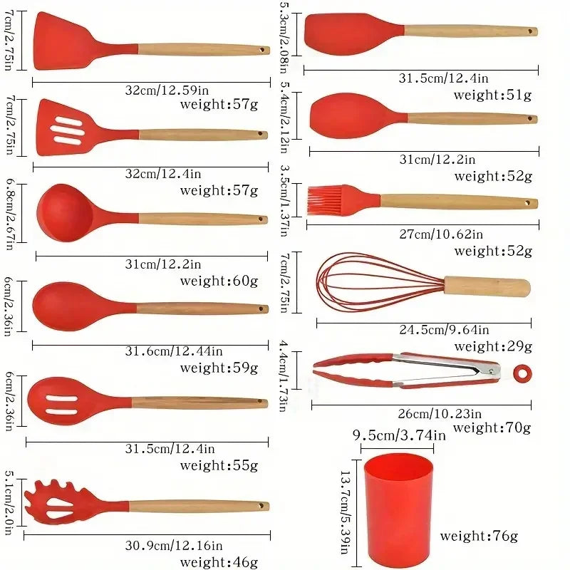 12pcs Silicone Cooking Utensil Set – Multi-Color, Heat-Resistant Kitchen Tools with Wooden Handles, Non-Stick Spatulas & Spoons