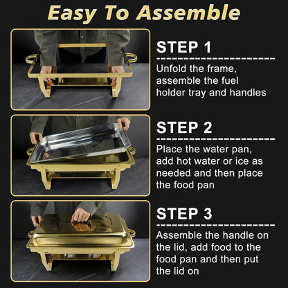6 Pcs Buffet Baking Tray, 8 Quart Golden Baking Tray Buffet Set Full Size, Premium Stainless Steel Baking Tray Party Food Heater