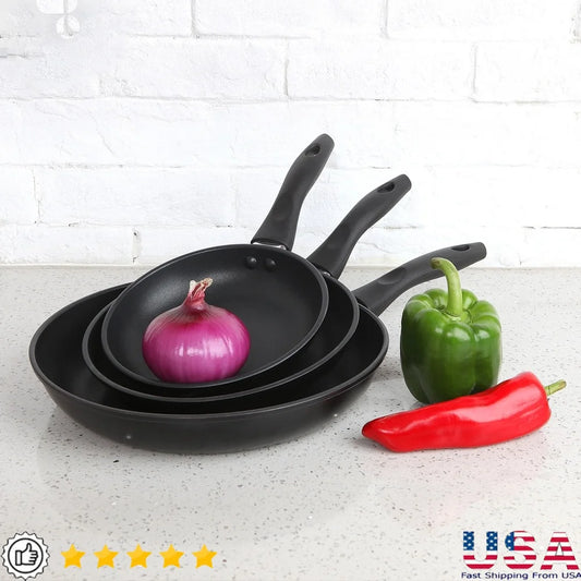 3Piece NonStick Aluminum Skillet Set Lightweight Skillets Dishwasher Safe Easy Cleanup CoolTouch Handles Versatile Cookware