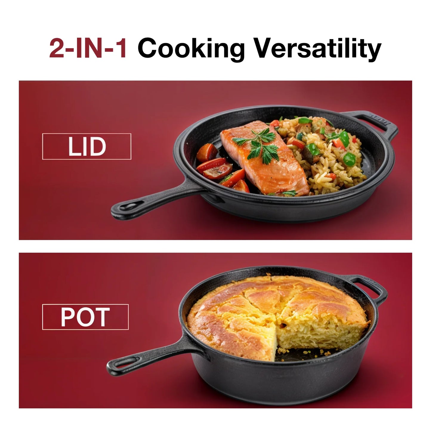 Dutch Oven & Skillet Combo，Preseasoned Cast Iron Cookware Set，2-In-1 Multi Cooker - Deep Pot + Frying Pan，Works for Bread, Indoo