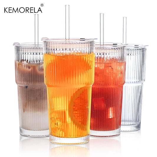 20oz Ribbed Glass Tumblers with Lids & Straws – 2/4-Piece Iced Coffee Glass Set