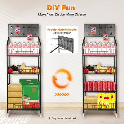4 Tier Display Snack Rack with Universal Wheels Fruit Vegetable Towel Basket Stand Cart Metal Display Stand
