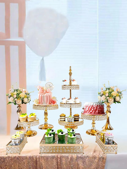 6Pcs-9PcsCake Stand Set with Crystal Beaded Mirror Metal Dessert Table Display Stands Cupcake Holder for Birthday Party Festival