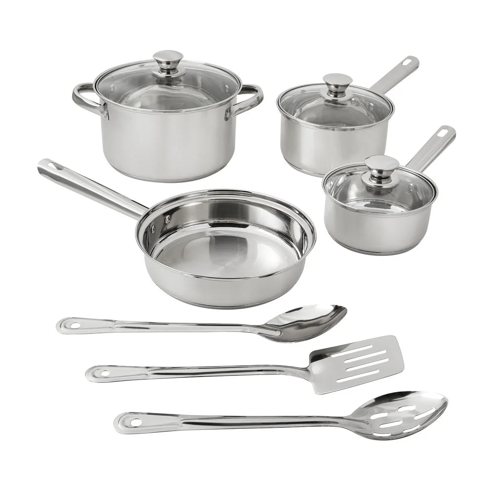 Stainless Steel 10Pc Cookware Set Induction Compatible Durable Cookware with Glass Lids Serving Utensils Family Meals