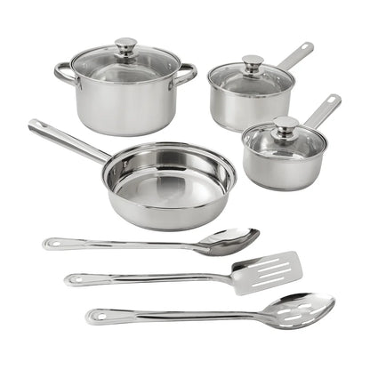Stainless Steel 10Pc Cookware Set Induction Compatible Durable Cookware with Glass Lids Serving Utensils Family Meals
