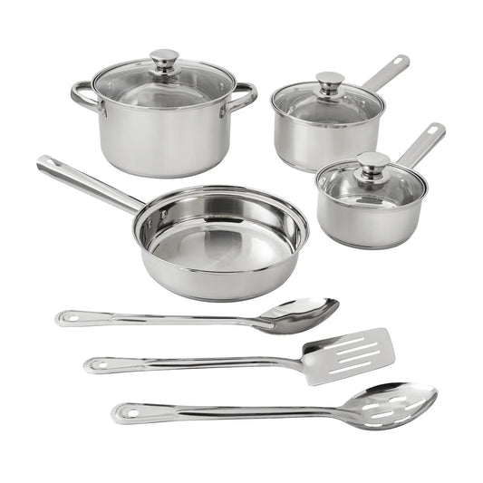 10-Piece Stainless Steel Induction Cookware Set with Glass Lids & Utensils