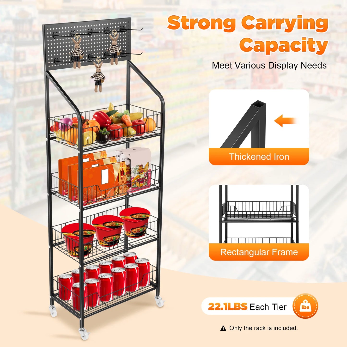 4 Tier Display Snack Rack with Universal Wheels Fruit Vegetable Towel Basket Stand Cart Metal Display Stand