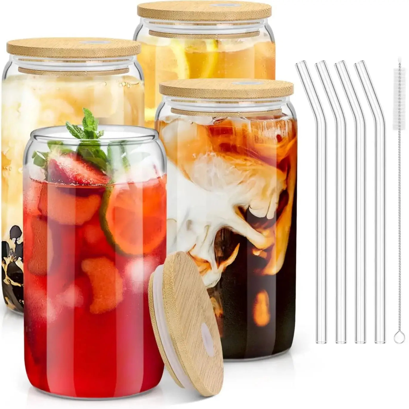 4-Piece 18.6oz Glass Cup Set with Bamboo Lids & Straws – Iced Coffee & Tea Glasses