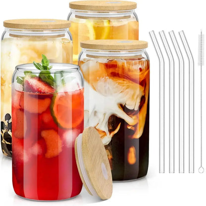 4Pcs 18.6Oz/550Ml Drinking Glasses with Bamboo Lids and Glass Straws, Glass Cups, Iced Coffee Glasses, Cute Iced Tea Glasses, Beer Glasses
