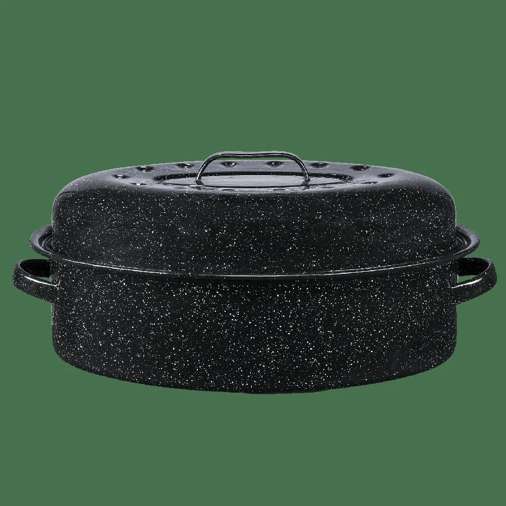 Nonstick Covered Oval Roaster 18 inch Smooth Porcelain Steel Roasting Pan Even Cooking Dishwasher Safe Turkey Pan 15lb Capacity