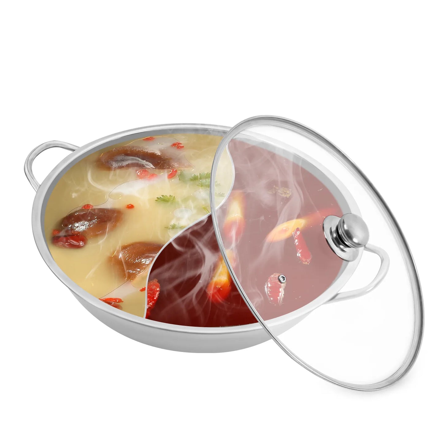 34cm Stainless Steel Shabu Shabu Hot Pot with Divider & Glass Lid – Dual-Sided Soup Pot for Family Meals & Versatile Cooking