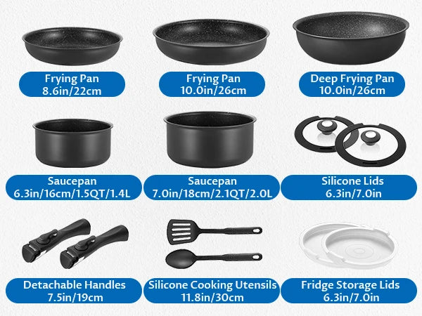 13-Piece Induction Cookware Set – Nonstick Pots and Pans with Removable Handles, Stackable Space-Saving Design for RV, Compatible with All Hobs