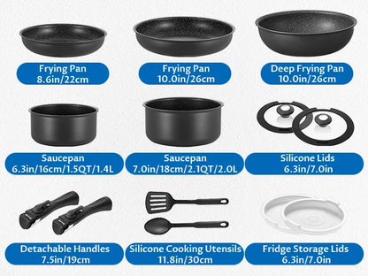 13-Piece Induction Cookware Set – Nonstick Pots and Pans with Removable Handles, Stackable Space-Saving Design for RV, Compatible with All Hobs