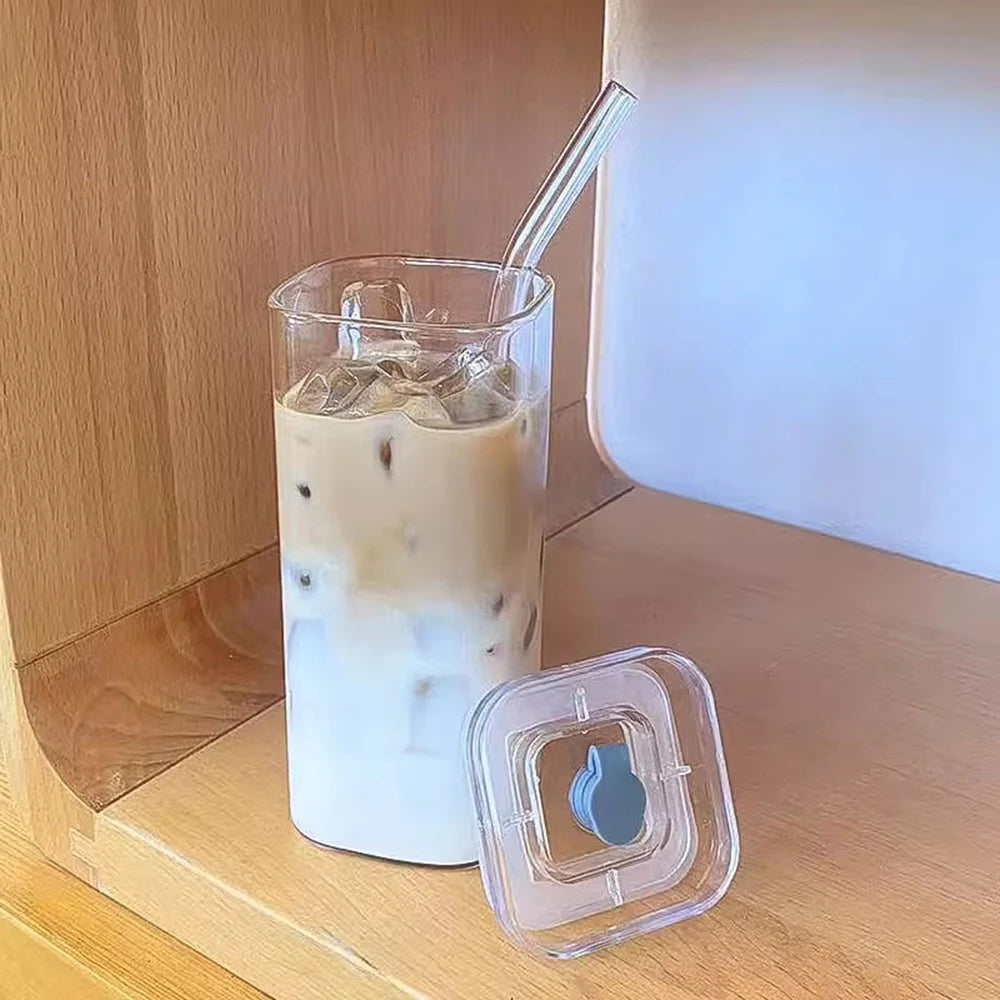 2Pcs Transparent Square Glass Cup with Lid and Straw Creative Hot and Cold Drink Glass Cup Home Bar Milk Juice Mug