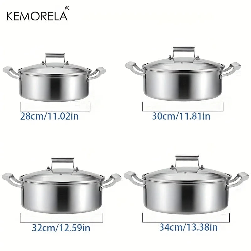 KEMORELA 304 Stainless Steel Hot Pot - German Five-Layer Steel European Style Double Handle Soup Pot with Glass Lid, for Home