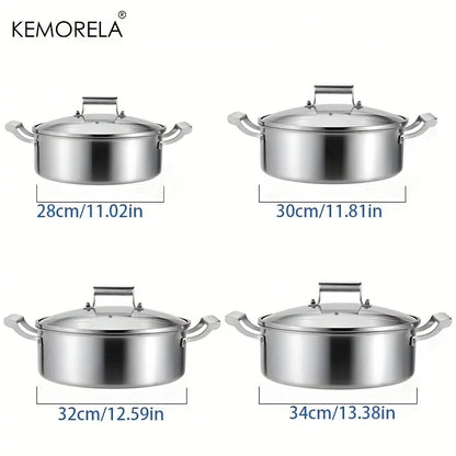 KEMORELA 304 Stainless Steel Hot Pot - German Five-Layer Steel European Style Double Handle Soup Pot with Glass Lid, for Home