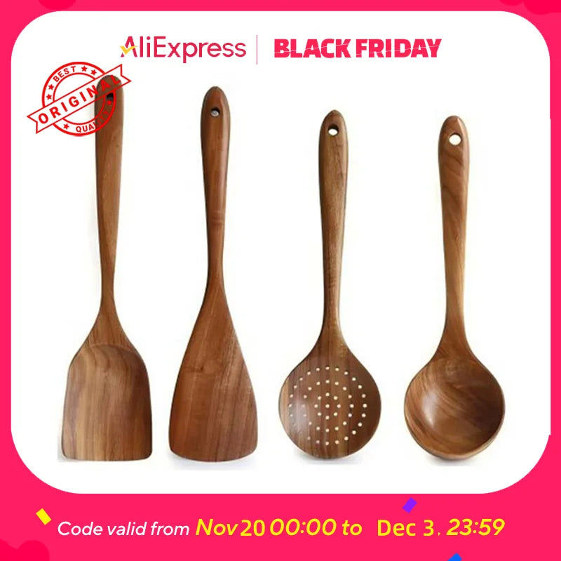 5-Piece Teak Wooden Utensil Set – Natural, Eco-Friendly Cooking Spoons & Spatulas