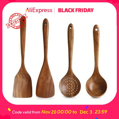 5-Piece Teak Wooden Utensil Set – Natural, Eco-Friendly Cooking Spoons & Spatulas