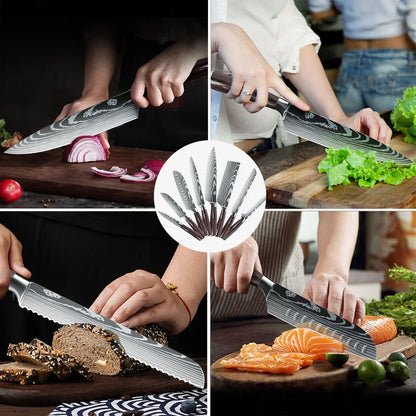 8/10pcs Japanese Kitchen Knife Set – Laser Damascus Pattern, High Carbon Stainless Steel Chef Knives for Meat, Vegetables & Fruit Slicing