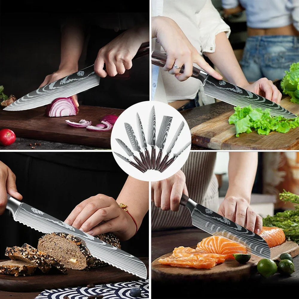 8/10pcs Gift Japanese Kitchen Knives Set Laser Damascus Pattern Chef Knife High Carbon Stainless Steel Sharp Fruit Slicing Knife
