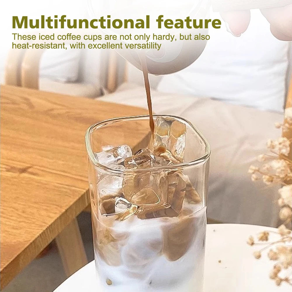 2Pcs Transparent Square Glass Cup with Lid and Straw Creative Hot and Cold Drink Glass Cup Home Bar Milk Juice Mug