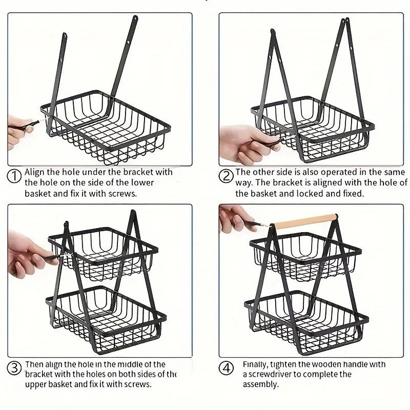 Three-tier fruit basket with sturdy kitchen storage box, suitable for fresh produce and household kitchen use.