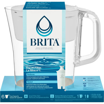 Small 6 Cup Bright White Water Filter Pitcher with Standard Filter, BPA-Free for Clean Drinking Water, Compact Fridge Design