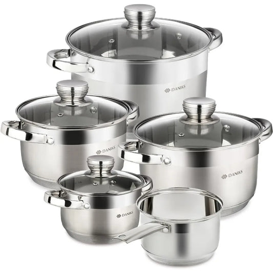 Standard 9-Piece Stainless Steel Induction Cookware Set, Saucepan, Dishwasher Safe Pots, Measuring Scale, Glass Lids, For Soup,