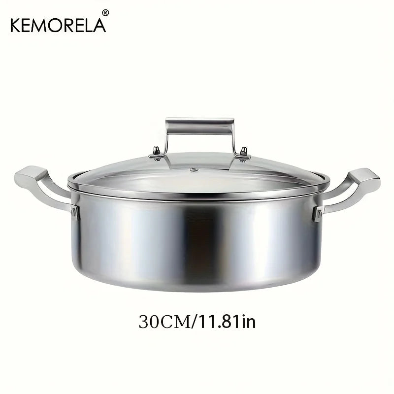 KEMORELA 304 Stainless Steel Hot Pot - German Five-Layer Steel European Style Double Handle Soup Pot with Glass Lid, for Home