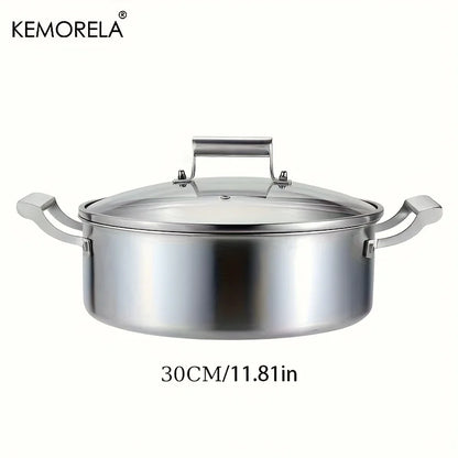 KEMORELA 304 Stainless Steel Hot Pot - German Five-Layer Steel European Style Double Handle Soup Pot with Glass Lid, for Home