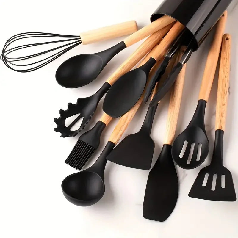 12pcs Silicone Cooking Utensil Set – Multi-Color, Heat-Resistant Kitchenware with Wooden Handles, Non-Stick Spatulas & Spoons
