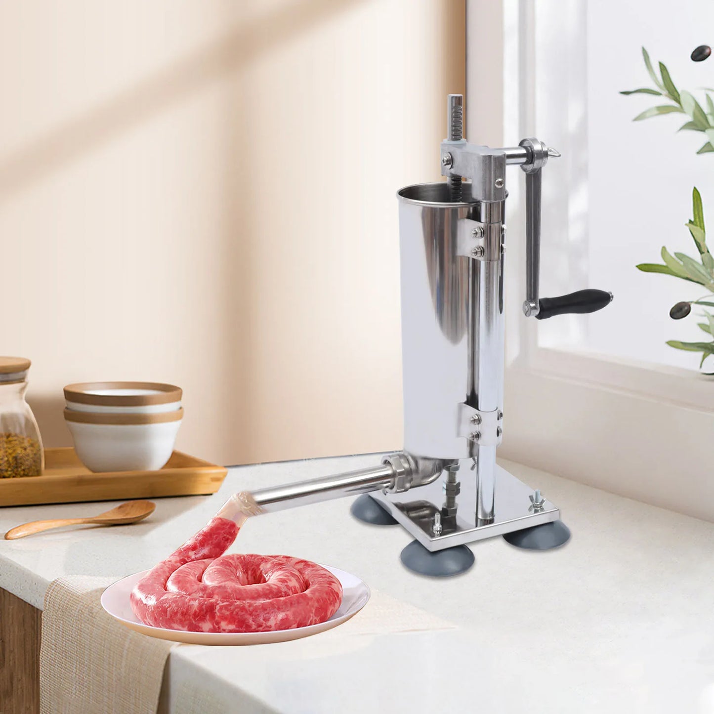 3L Stainless Steel Manual Sausage Stuffer – Vertical Sausage Maker with 11 Filling Tubes