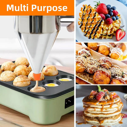 Stainless Steel Pancake Batter Dispenser with Stand – Multi-Caliber Funnel Cake Dispenser with 4 Nozzles for Cupcakes, Waffles & Baked Goods