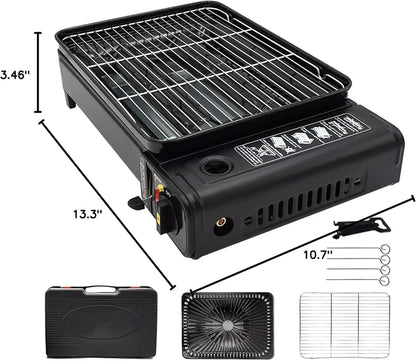 Portable Butane Gas Grill Stove Dual Inlets Adjustable Firepower with Carrying Case Grill Net for Camping Outdoor Use